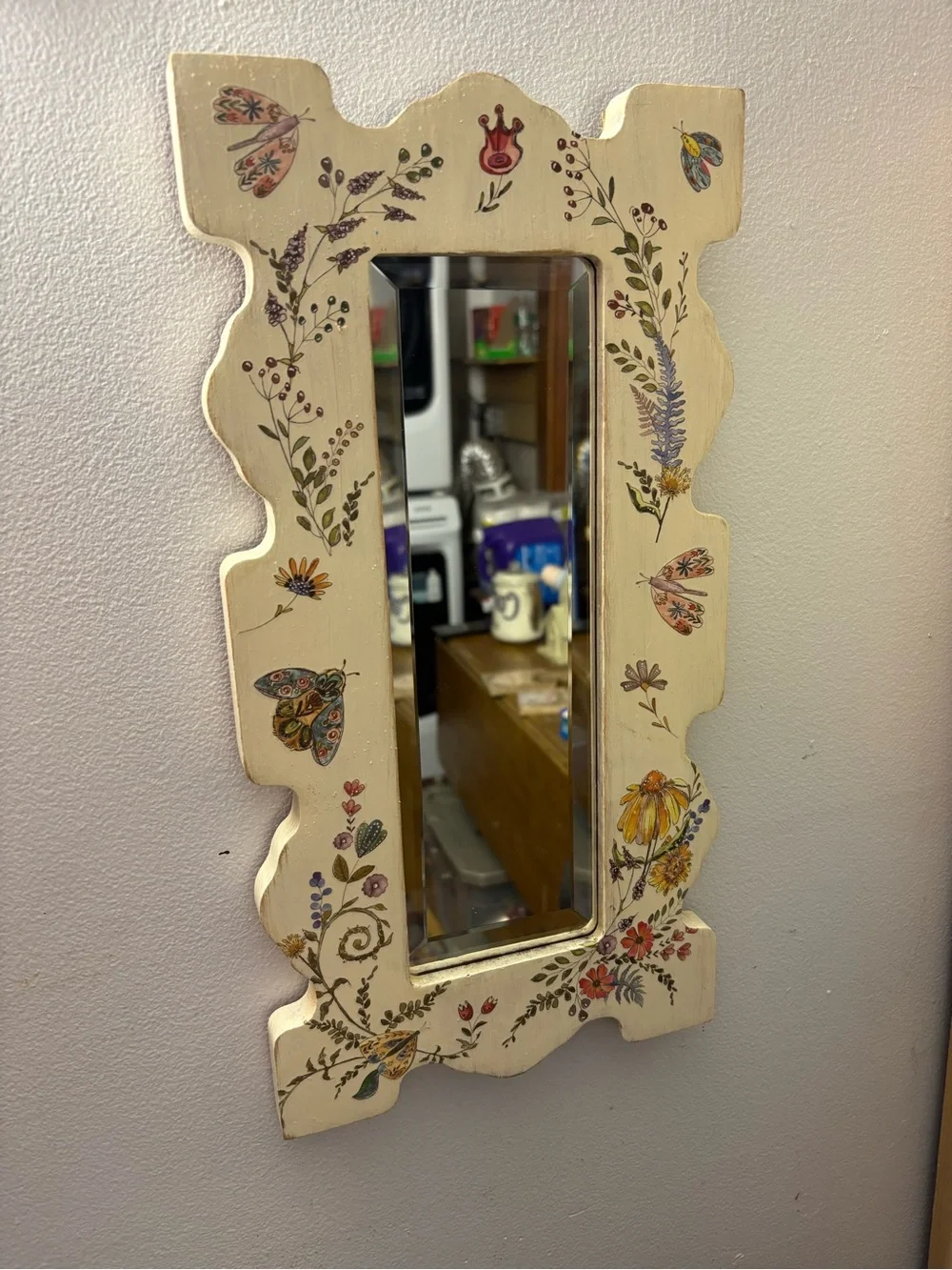 Floral  Cream Wall Mirror with Butterfly Accents